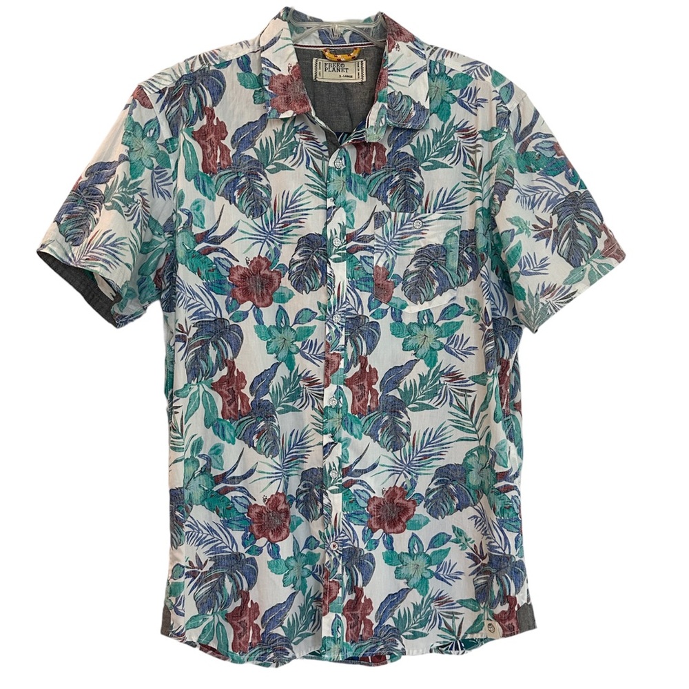 Free Planet Tropical Hawaiian Floral Palm Print Button Up Short Sleeve Size XL